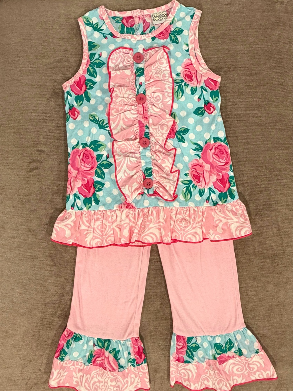 Ann Loren Pink & Light Blue Floral Ruffle Matching Set